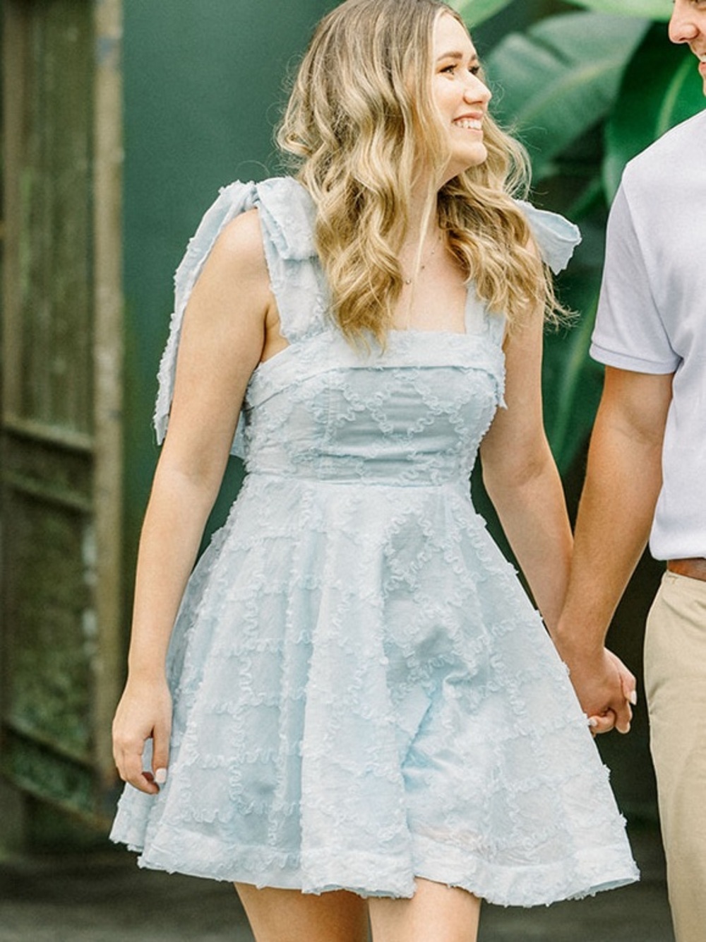 Textured A-Line Mini Dress in Light Blue